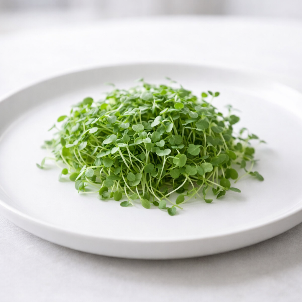 Micro-pousses de roquette utilisées en finition de plat gastronomique